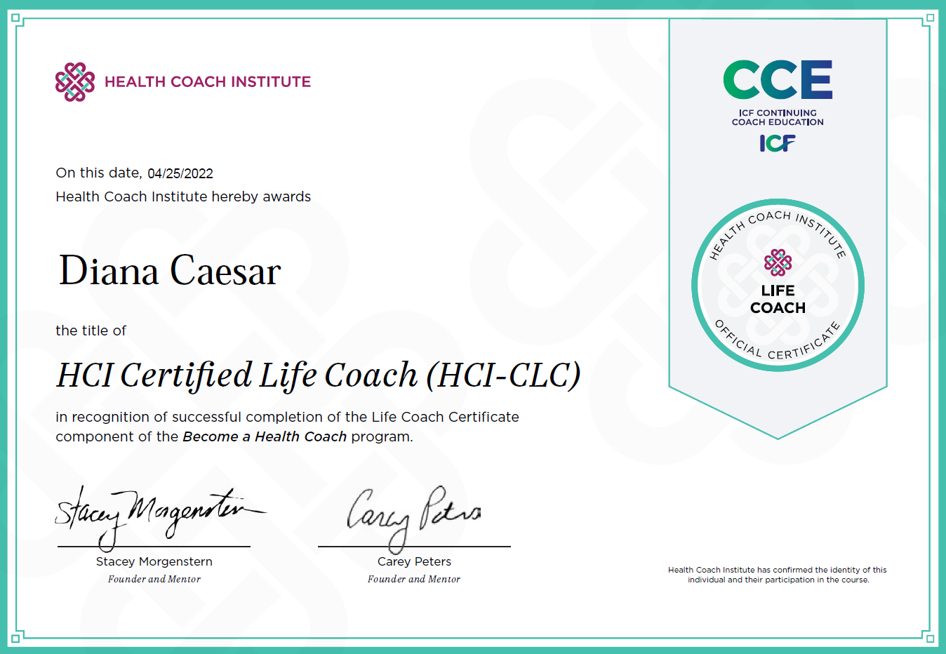 Certified Life Coach certificate, Health Coach Institute